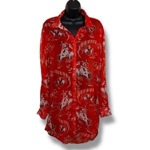 2XL Pink Cattlelac Western Tunic Blouse Top Cowboy Print Semi Sheer Pinup